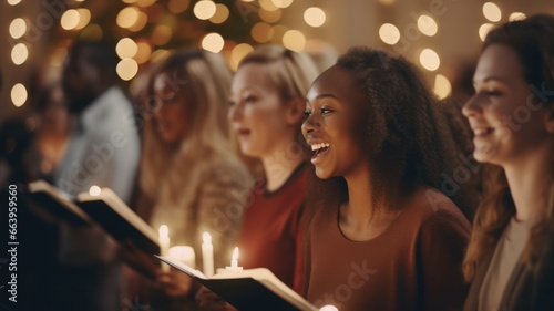 Choir by Candlelight: Glowing Candles Illuminate Christmas Hymns in Midnight Church Service.