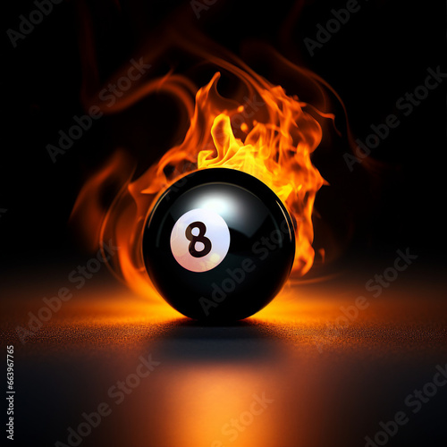 Burning black eight billiard ball on fire with flame tail on dark background, sport motion and action photography for wallpaper , poster or logo