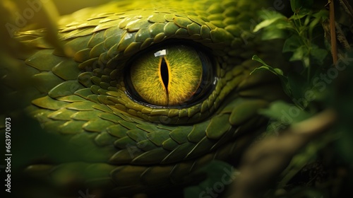 closeup portrait of green snake at nature, reptile animal