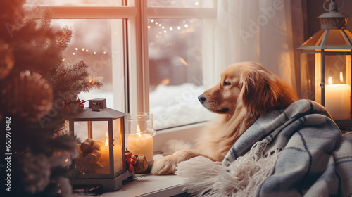 cute labrador retriever dog sitting by window at cozy christmas home, new year eve at snowy winter day
