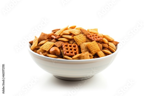Savory Snack Mix in White Bowl, Tasty Chex Mix on White Background