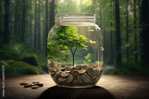Coin tree in a glass jar, plant growing from coins on a blurred green natural bokeh background. Money saving and investment financial concept.