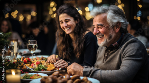 Father and daughter happy at a restaurant dinner. Generative AI
