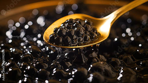 Metal spoon and black caviar, closeup