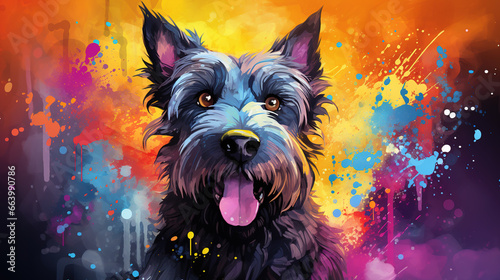 Adorable scottish terrier dog in mixed grunge color illustration.