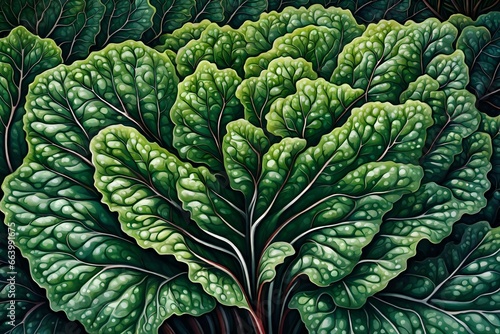 An imaginative depiction of a close-up shot of a mature, leafy chard plant in a sprawling garden