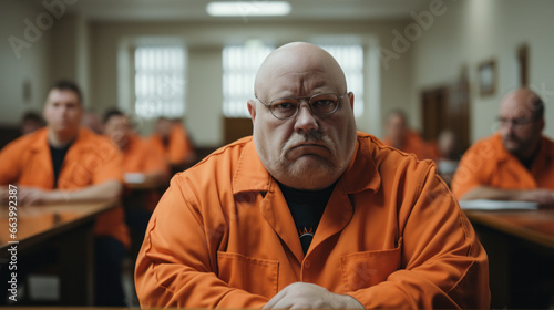 Fat prisoner in the common room of the prison. Orange jail uniform