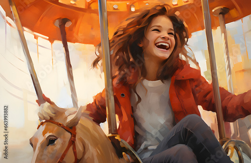 Ilustração de uma garota sorrindo em um carrossel em um parque de diversão