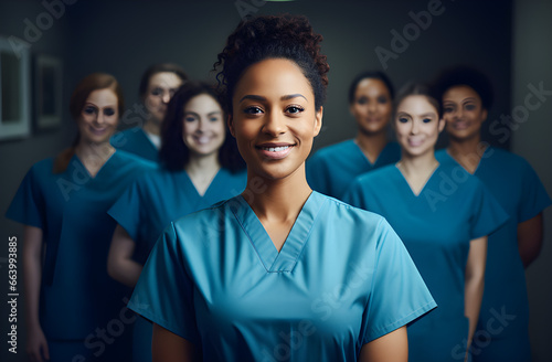 Retrato de uma jovem estudante de enfermagem em pé com sua equipe no hospital, vestida com uniforme médico, estagiário. 