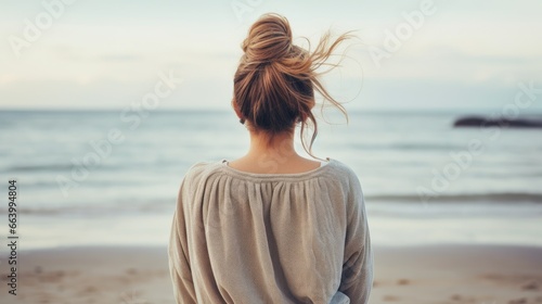 Woman meditating at the beach, near the ocean, back view, the wind blows the hair