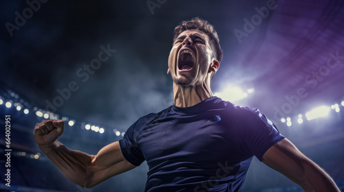 Professional soccer player celebrates winning the open stadium. The winner