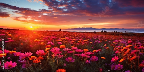 Beautiful sunset over the field with pink cosmos flowers. Colorful summer landscape.