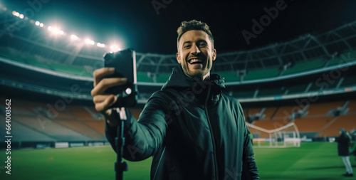 Male blogger recording video outdoors with soccer stadium on background. Man smiling and looking at the camera, talking and gesticulating with hands.