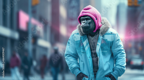 Gorilla Walking on a sidewalk in costume, in the style of hip hop aesthetics