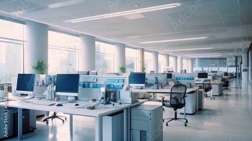 A modern office space with neatly arranged rows of workstations.