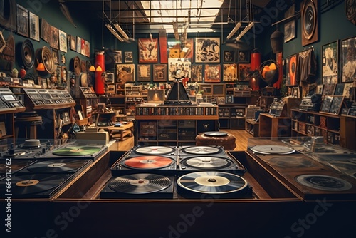 Nostalgic vinyl record shop with vintage albums, turntables, and headphones.