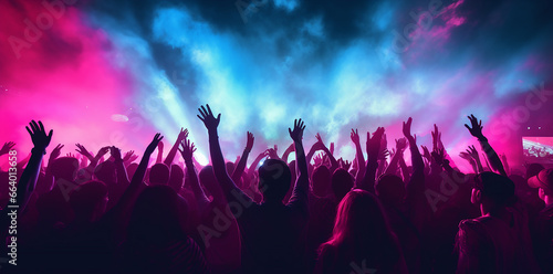 many people at a music concert, waving hands and dancing together, neon night colors