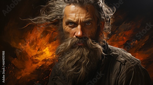A captivating portrait of a rugged man with flowing locks and a bushy beard, exuding a wild and untamed energy