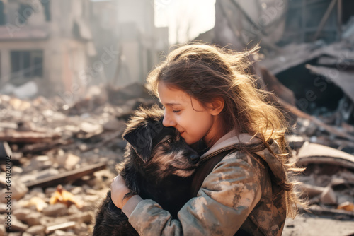 Girl hugging a dog in destroyed city rubble. Survivors of bombing or earthquake disaster