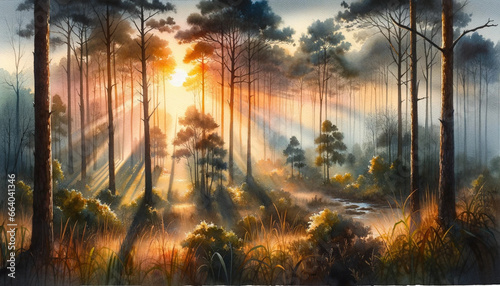  Watercolor painting of a tranquil forest scene at dawn, with the sun's golden rays piercing through the mist and illuminating the trees and underbrush