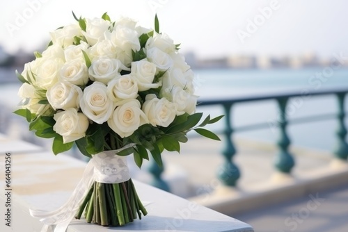 Wedding bouquet with roses on the bollard in yacht