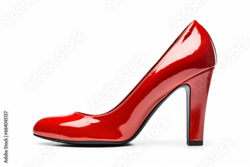 Side view of single shiny elegant red high heel woman shoe on white background