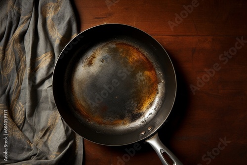 Flat lay of old vintage black cast-iron frying pan isolated on retro wooden background, with copy space.