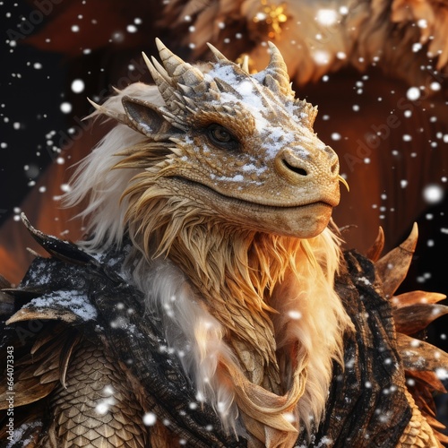 Portrait of a dragon with white scales and hair, dressed in a suit against the background of falling snow.