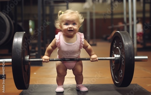 Little strong baby girl lifts heavy barbell