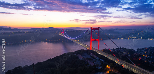 Aerial view of Fatih Sultan Mehmet Bridge in Istanbul, Turkey. Beautiful sunrise view of Istanbul Bosphorus. Drone shot.
