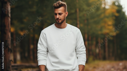 Man model posing, Blank white sweatshirt mockup, Empty sweater template, Fashion advertising display. Generative AI