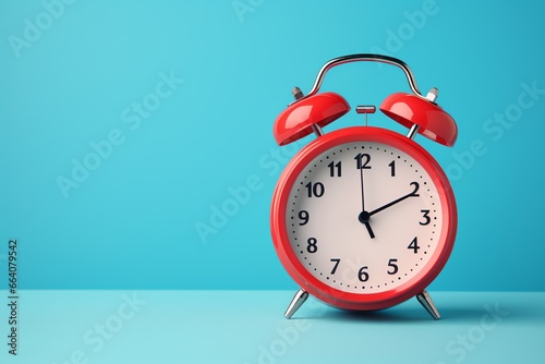 a red alarm clock on a blue surface