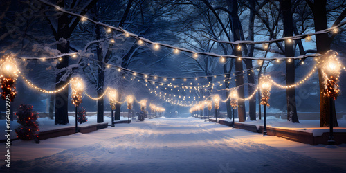 Enchanted Winter Wonderland, Magical Pathway Adorned with Snow-Covered Trees and Twinkling Christmas Lights
