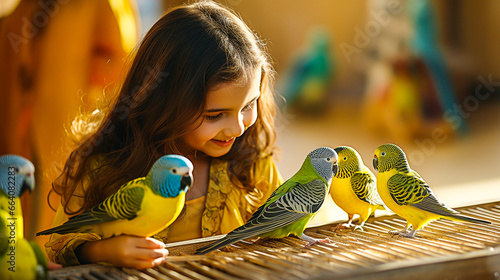 Petit fille jouant avec des oiseaux et perruches