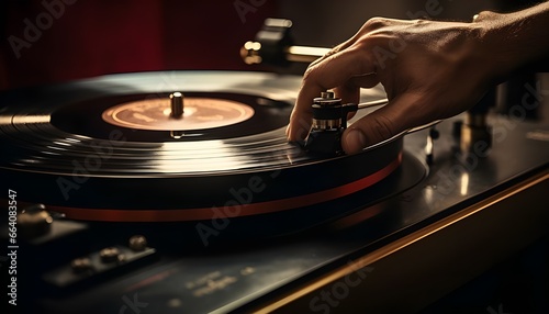 Close-up of hand placing needle on LP turntable