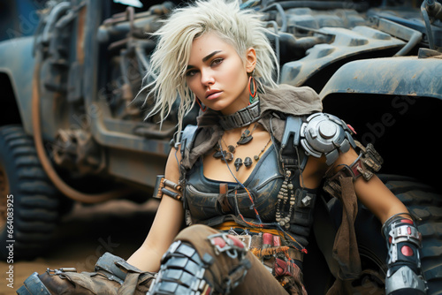 cyberpunk post apocalyptic girl sitting in front of a car