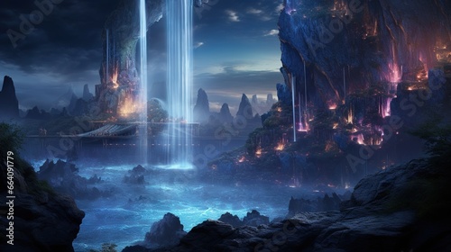  a fantasy scene with a waterfall and a waterfall in the distance. generative ai