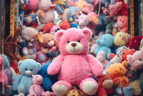 Claw Machine Delight: Pink Teddy Bear and Plush Toy Collection