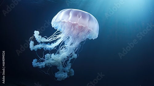  a white jellyfish swimming in the ocean with blue water. generative ai