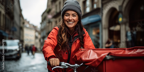 A female bike courier wearing red outdoor clothes, riding a cargo bike