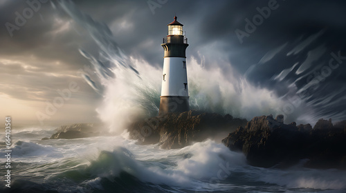 a coastal lighthouse standing tall against crashing ocean waves, with the beam of light piercing through the misty sea air, emphasizing the guiding presence of coastal beacons
