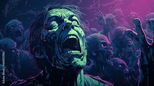 zombie man with glowing eyes in crowd of zombie. Fantasy concept , Illustration painting.