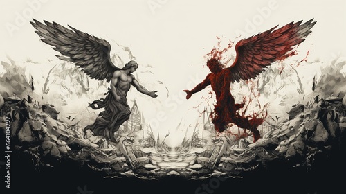 two angels are in flight and in battle with one another. Fantasy concept , Illustration painting.