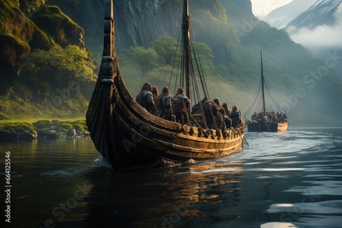 Viking ship arriving at the port of its town