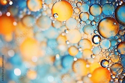 Macro oil drop floating on water surface. Abstract orange and blue water bubbles background. Cosmetic liquid beauty product. Colorful artistic backdrop
