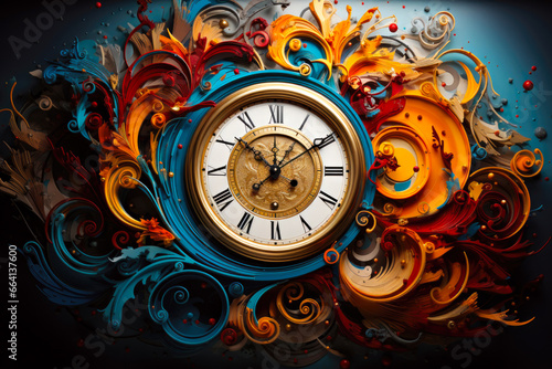 A clock with a gold face surrounded by colorful swirls. AI image.