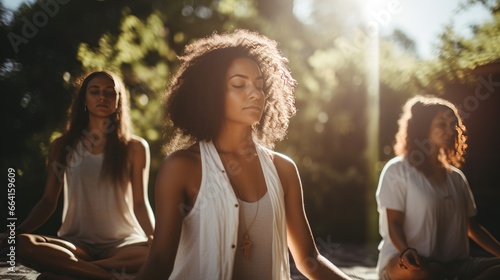 Three women meditating outdoors, concept of meditation and mental health