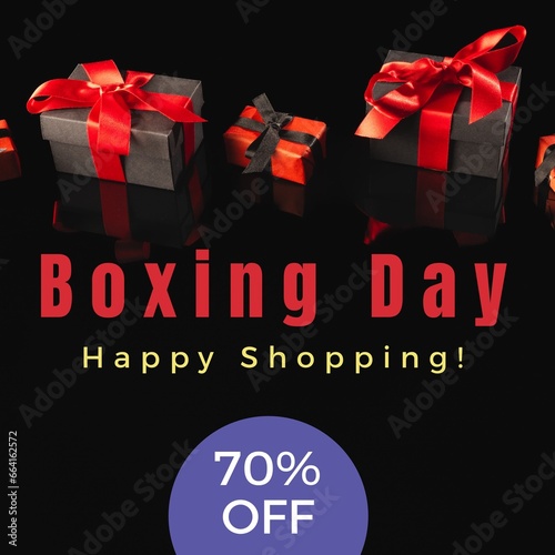 Boxing day, 70 percent off, happy shopping text over christmas presents on black background