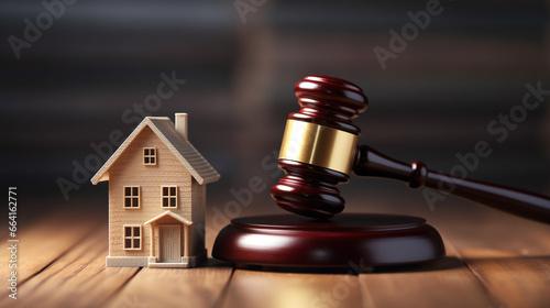 Concept of real estate auction, legal system and property division after divorce. Gavel and house model on a wooden background.