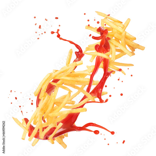 Splash of ketchup and french fries on white isolated background